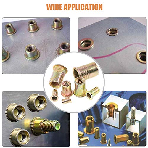 Keadic 220Pcs Metric Zinc Plated Carbon Steel Rivet Nut Flat Head Threaded Insert Nutsert Assortment Kit - 7 Sizes：M3 M4 M5 M6 M8 M10 M12