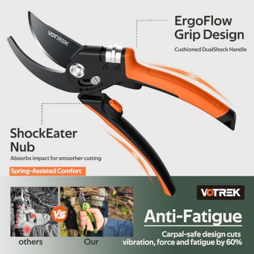 Pruning Shears, Patented Stepless Handle Opening for All Hand Size Bright Orange