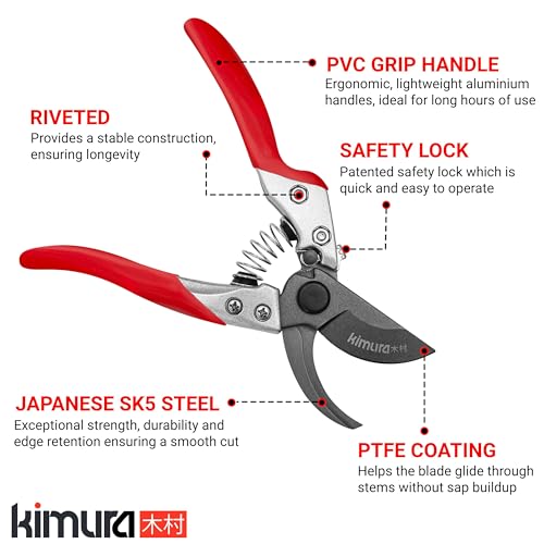 Kimura® 8" Pro Bypass Pruning Shears, Heavy Duty Japanese SK5 Steel Blades, 1 inch Cut Capacity, Non-Slip PVC Coated Handles, Lightweight & Ergonomic, Japanese Pruners, Professional Garden Clippers 8"