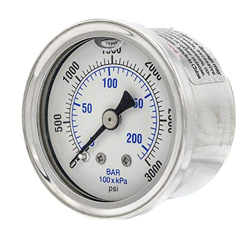 PIC Gauges 202L-158P Center Back Mount Glycerine Filled Pressure Gauge w/ SS Case/Bezel, Brass Internals, PC Lens, 1.5" Dial, 0/3000 psi Range, 1/8" Male NPT 0 - 3,000 PSI