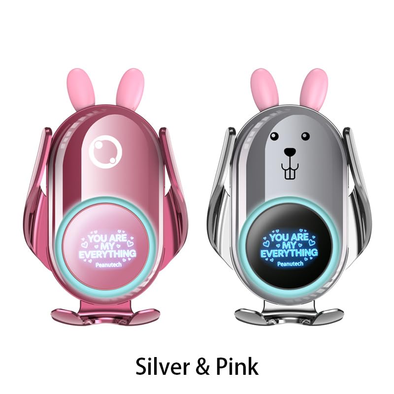 Auto Clamp Wireless Charging Car Mount, Pink Cute Rabbit Car Phone Holder | Automatic Clamp Cell Phone Mount, Hands-Free Fast Charger Cradle for Vehicle Pink Rabbit
