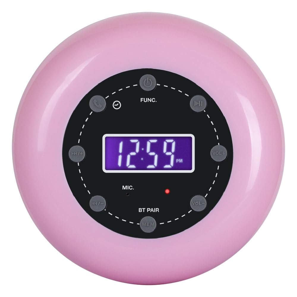 HANNLOMAX HX-159CR Shower Clock Radio, PLL FM Radio, Bluetooth with hand-free function, LCD Display, Waterproof (IPX4), Built-in Li-ion Rechargeable Battery, Unique Suction Cup Design. (Pink) Pink