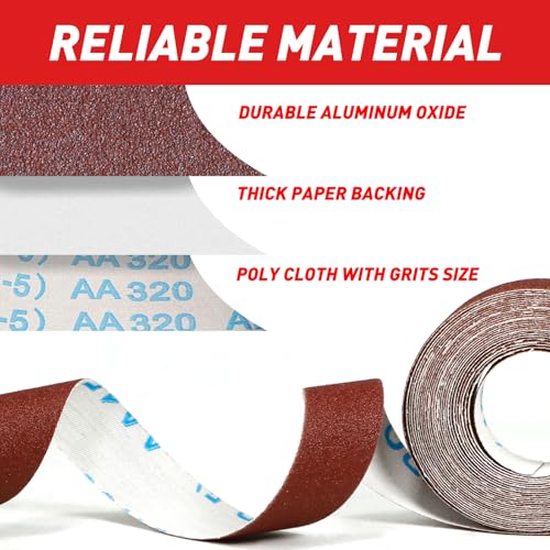 6 PCS Emery Cloth Roll 80-600 Grit 1" x 19.7' for Metal & Wood, 6m Each 6 Grits Pack (80/120/240/320/400/600)