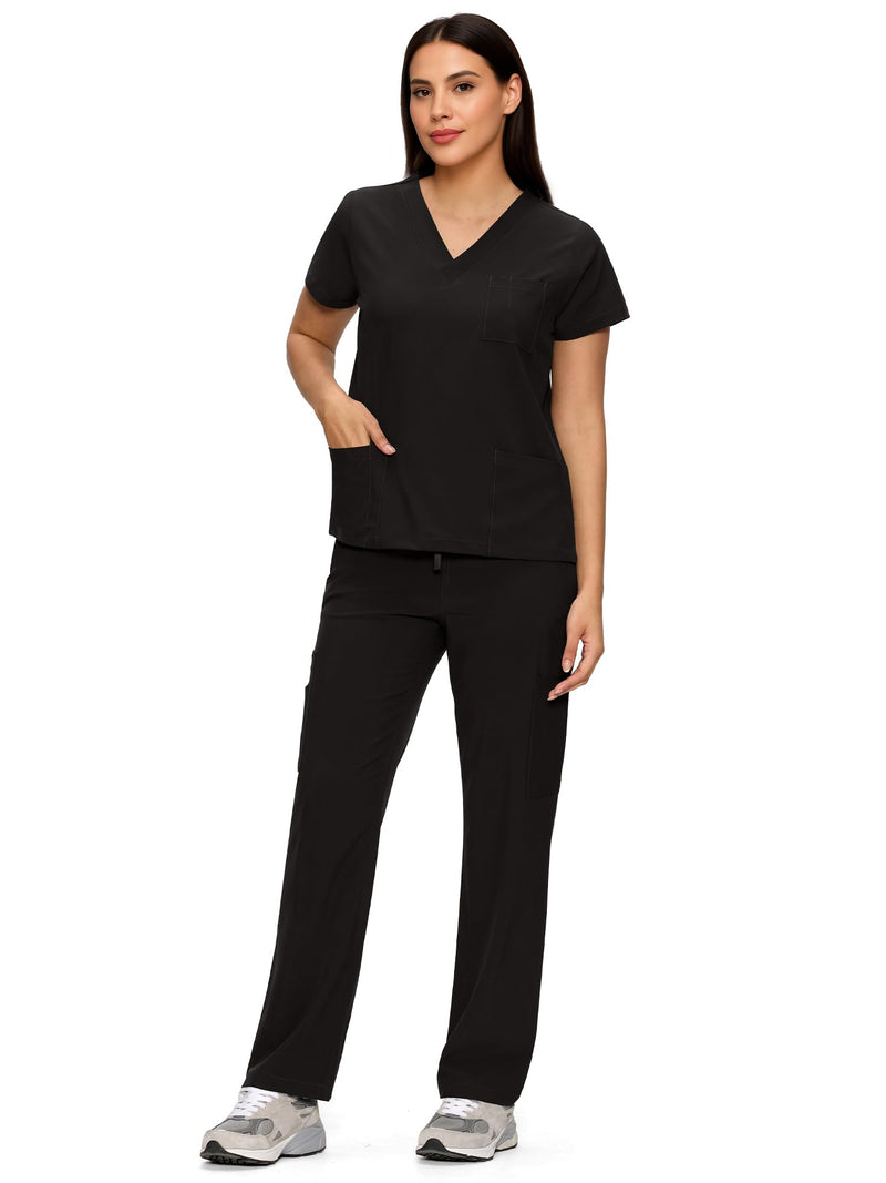 floralhue Scrubs for Women Set, Medical Women Scrubs, V-Neck Top and Straight Leg Pants with 11 Pockets (Relaxed Fit) Petite X-Small Black