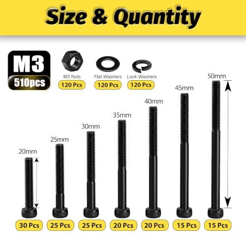 KADRICK 510PCS M3 Long Screws Kit, M3x20/25/30/35/40/45/50mm M3-0.5MM Hex Socket Head Cap Screw Assortment with Nuts & Washers, Class 12.9 Alloy Steel, Black Zinc Plated M3x20-50MM 510PCS