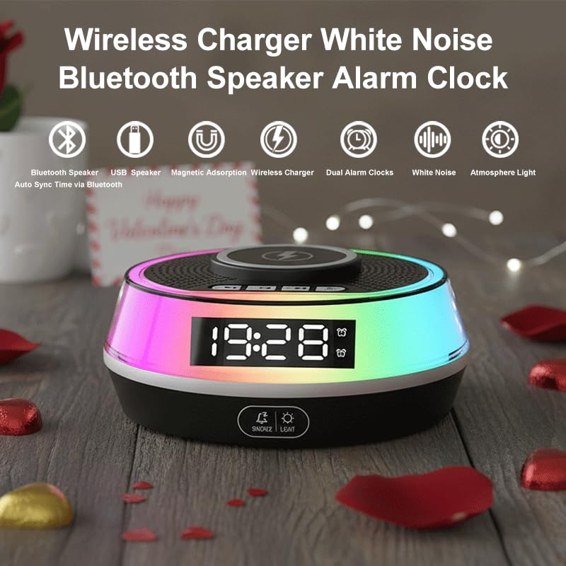 Wireless Charger Alarm Clock for Bedroom, 5W Bluetooth Speaker, 12 Soothing Sounds Machine, Dual Alarms, RGB Light, Ideal Gift for Heavy Sleepers, Adults, Teens, Kids, Senior(Black)