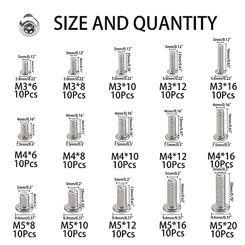 150Pcs 304 Stainless Steel Button Head Torx Security Screws Tamper Resistant Screw Assortment Set, M3 M4 M5 with 3 Wrench(T10 T20 T25)