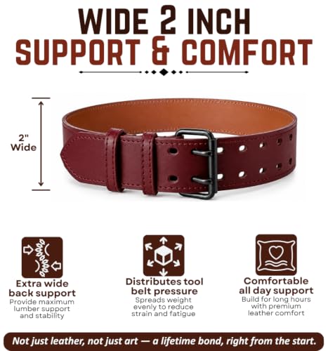 Full Grain Leather Tool Belt — 2" Heavy Duty Work Belt Burnished Edges — Amish-Crafted Utility Belt for Carpenters, Electricians, Construction & Contractors, Adjustable (Burgundy, 40"-48") Burgundy 40"-48" Inch