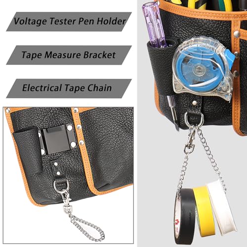 Leather Tool Belt, Electrician Tool Pouch, Genuine Leather Construction, Featuring 6 Pockets, Electrical Tape Chain, and Tape Measure Pouch. (Electrician Tool Kit) Electrician Tool Kit