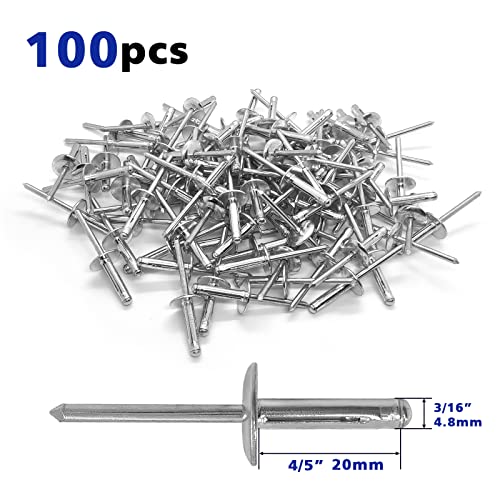 Tri-Fold Exploding Large Head Aluminum Pop Blind Rivets 3/16'' * 4/5'' Long Grip Solid Rivets Used For Industries Automobiles Kayak Sailboat & Furniture 100 Pieces Silver Silver-100pcs