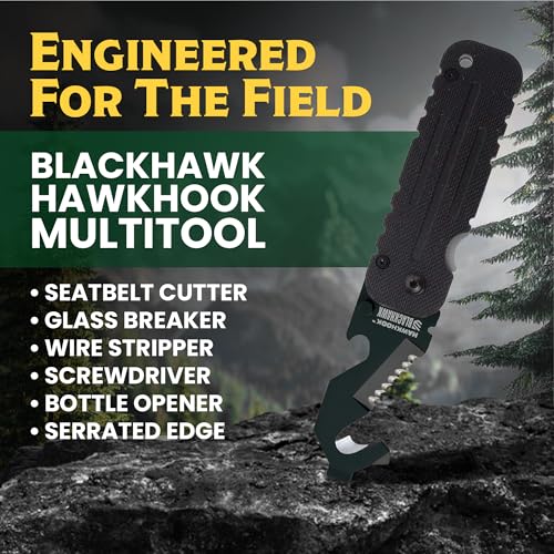 BLACKHAWK HAWKHOOK Compact Survival Multitool, 2-1/4” 9CRMOV18 Blade with G10 Handle with Glass Breaker, Seatbelt Cutter, Serrated Edge, Wire Stripper, Screwdriver, Bottle Opener (BH15HH11BK)