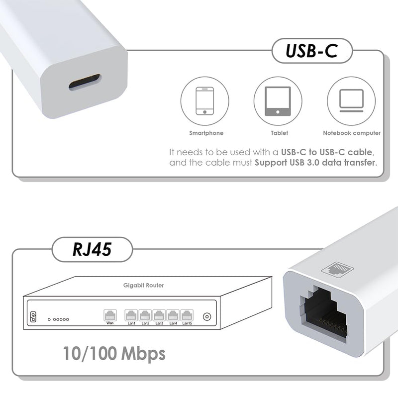 USB C to RJ45 Ethernet Adapter, Gigabit 100Mbps Network LAN Converter, USB-C Female to RJ45 Female Wired Ethernet Hub for Laptop PC Tablet, White