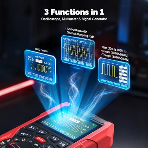 3-in-1 Handheld Oscilloscope Multimeter with Signal Generator, 12MHz Bandwidth 50MS/s Portable Digital Oscilloscope Multimeter, True RMS Auto-Ranging, 1500mAh Battery for Electronics Repair HO-13