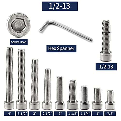 1/2-13 x 3-1/2" Socket Head Cap Screws Bolts, 20Pcs 304 Stainless Steel 18-8, Allen Socket Hex Drive, Full Thread, Bright Finish by SG TZH(with Hex Spanner) 20 1/2-13 x 3-1/2"