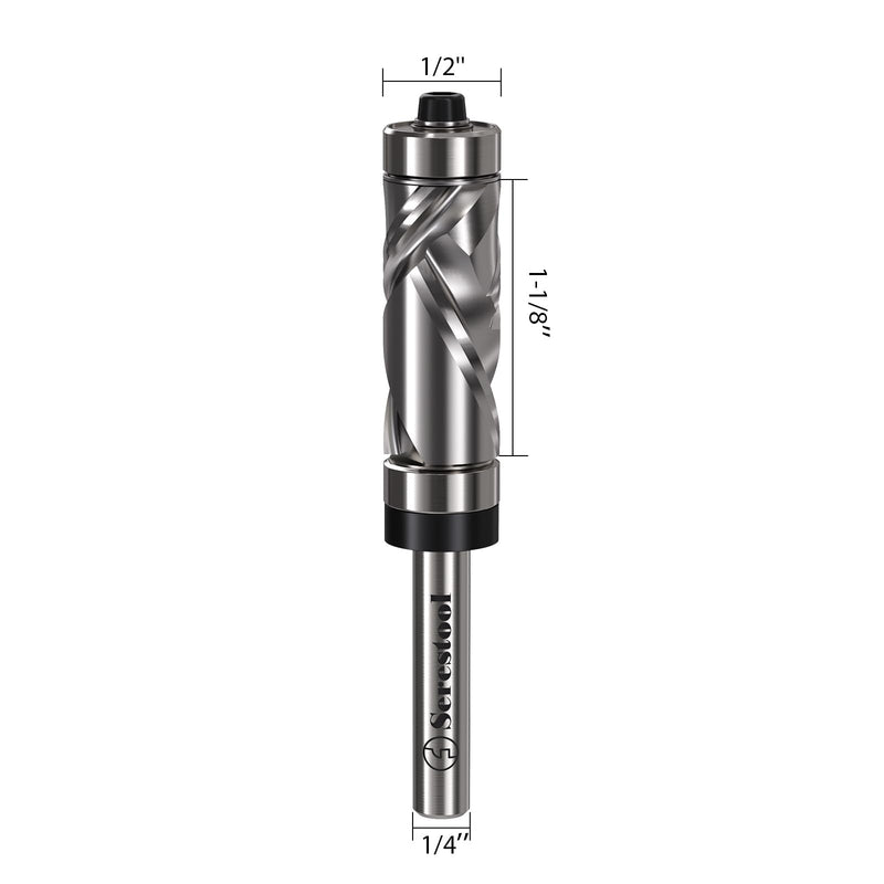Top and Bottom Bearing Flush Trim Router Bit 1/4 Shank, 1/2" Cutting Diameter, 1-1/8" Cutting Length, Up&Down Compression Cut, Carbide Spiral Pattern Template Bit for Wood Trimming Top&Bottom Bearing Up&Down Cut 1/4"x1/2"x1-1/8"