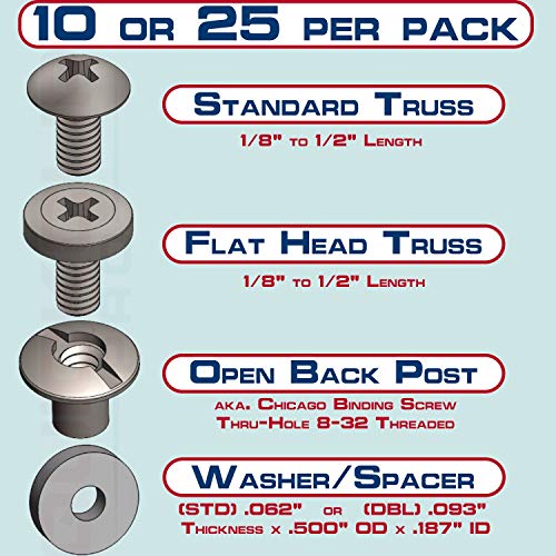 Black Chicago Screw - Thru Hole Binding Post Kit 1/8, 1/4, 3/8, 1/2 Inch Machine Screw Fasteners + Rubber Washers, QuickClipPro Kydex Leather Holster Sheath 1/8" Flat Head - 25 Pack