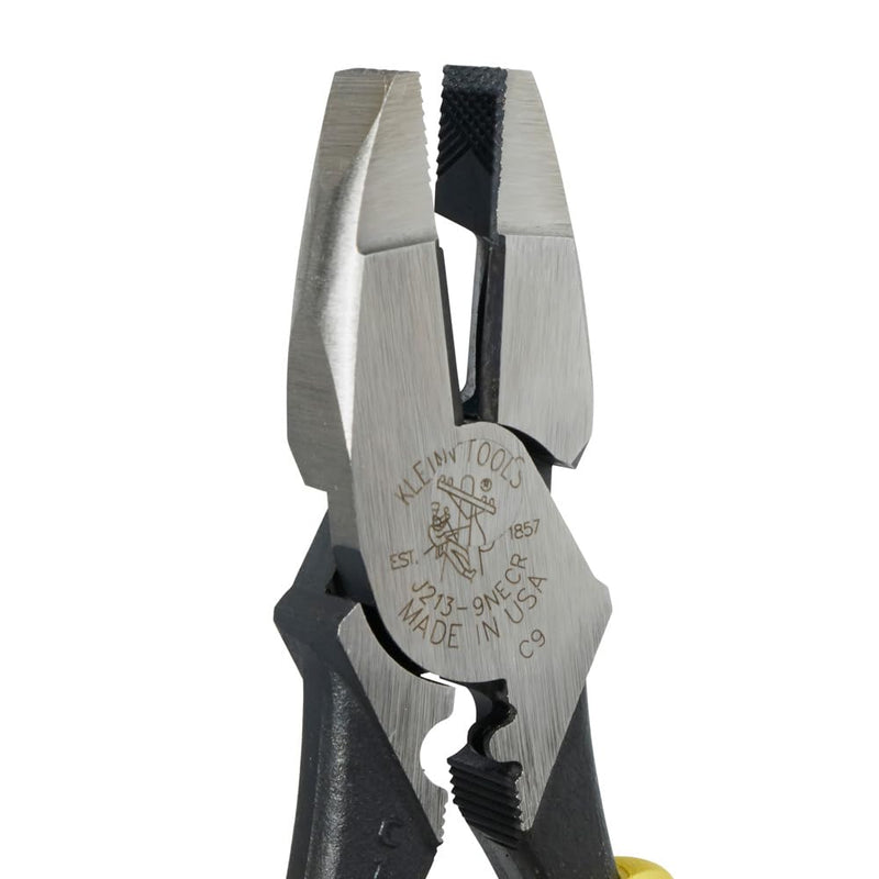 Klein Tools J213-9NECR Journeyman Pliers Connector Crimp Side, Made in USA, With High-Leverage Design Featuring Crimping Die Behind Hinge, 9-Inch With Crimping