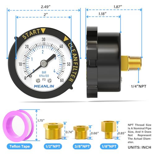 MEANLIN MEASURE 0~60Psi Plastic Frame 1/4" NPT Start and Clean Filter Pressure Gauge, Suitable for Swimming Pool, Spa, Aquarium (0-60Psi/0-4BAR/KIT, Center Back Mount) Back Mount / With adapter