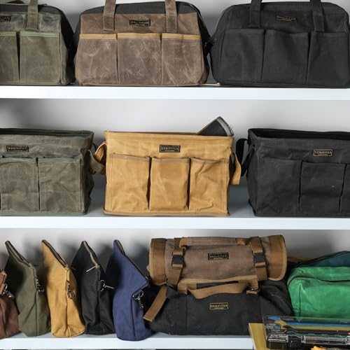 Tool Bag for Organizing, Waxed Canvas Wide Open Top Tool Tote Bag with 6 External Pockets, 13.8 x 7.8 x 7.8 Inches (ArmyGreen) ArmyGreen-Single