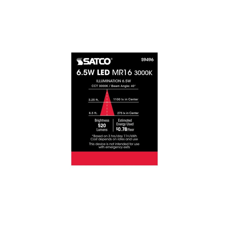 Satco Lighting 6.5 Watt Dimmable MR16 Low Voltage LED Light Bulbs - 3000K Soft White - 40 Degree Beam Angle - GU5.3 Base - 12 Volt AC/DC - 6 Pack