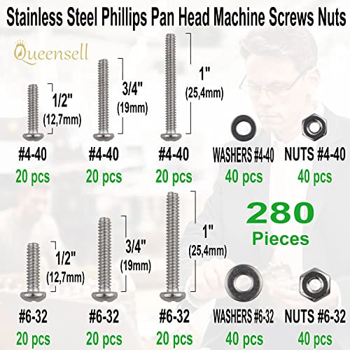 4-40 and 6-32 Machine Screws, Nuts and Washer 280 pcs Pan Head Screw #4-40#6-32 - Screws Nuts and Washers Set with Storage Box Small