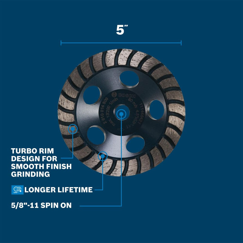 BOSCH DCDR0501 5 in. Double Row Segmented Diamond Cup Wheel | Longer Life, Effective Grinding | Concrete, Mortar | Small Angle Grinders