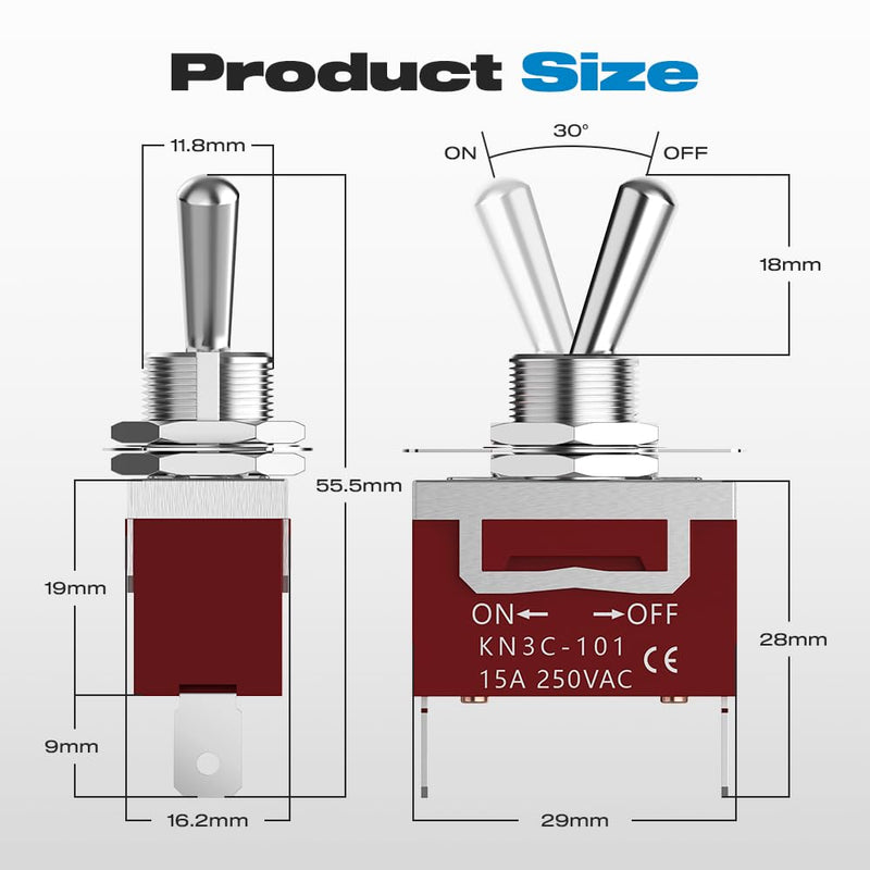 Waterproof Toggle Switch, Malictele SPST 2Pin ON/Off Marine 12V DC 30A/125VAC 20A Heavy Duty Toggle Switch with Waterproof Cap Terminals for Vehicles and Boats-2 Pack Spade ON/OFF-2