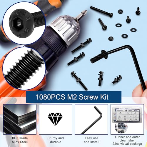 1080PCS M2 Screw Assortment Kit, M2x4/6/8/10/12/16/20/25mm M2 Screw Kits