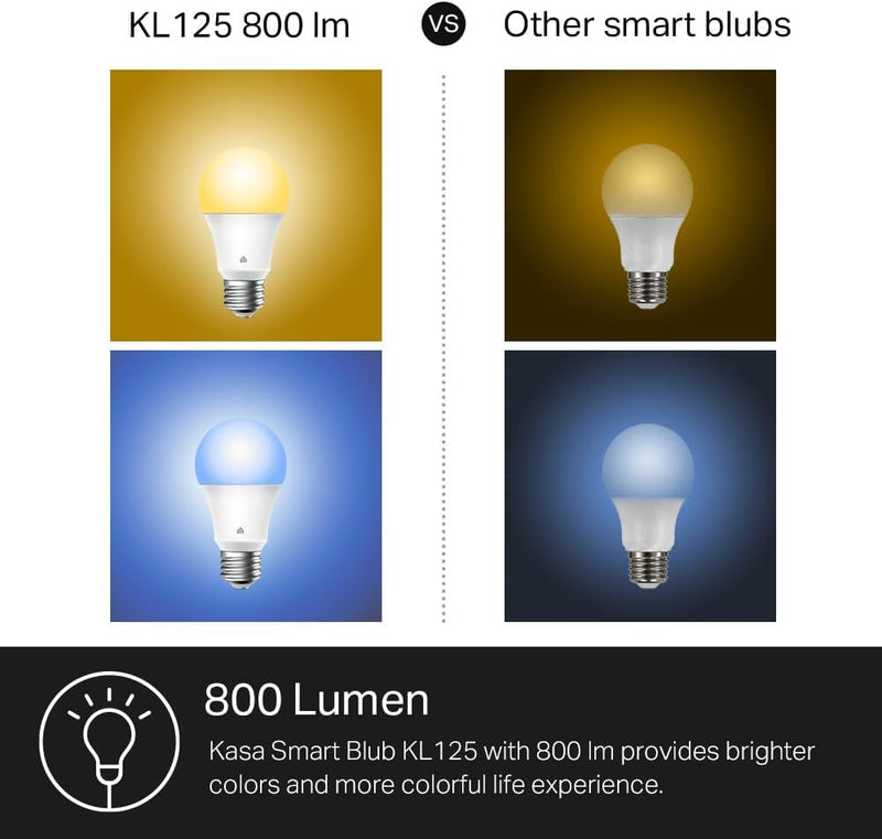 Kasa Smart Light Bulbs, Full Color Changing Dimmable Smart WiFi Bulbs Compatible with Alexa and Google Home, A19, 9W 800 Lumens,2.4Ghz only, No Hub Required, 4 Count (Pack of 1), Multicolor (KL125P4) 4 Pack 800 Lumens, 4-Pack