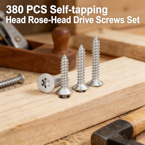 XIQILUOSI 304 Stainless Steel Flat Head Self-Drilling Tapping ScrewsM3-M5Various Sizes, 380PCS Countersunk Star/Flower Groove Self-Tapping Screw Set