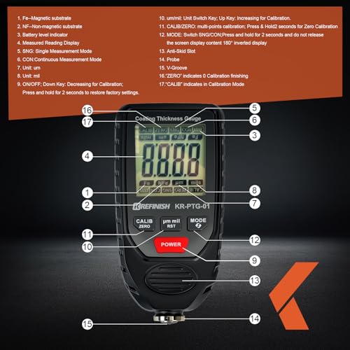 KREFINISH Paint Thickness Gauge Car Digital Accurate Mil Coating Thickness Meter Car Paint Depth Gauge Test Precise for Used Car Buyers and Auto Body Shops 1