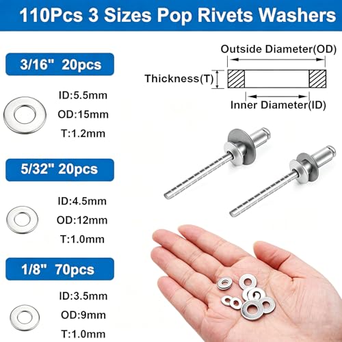 240pcs Steel Rivets with Washers 7-Sizes 304 Stainless Steel Pop Rivets Assortment Kit 1/8",5/32",3/16" for Metal,Furniture,Automotive,Instruments Silver Steel Rivet+Washers