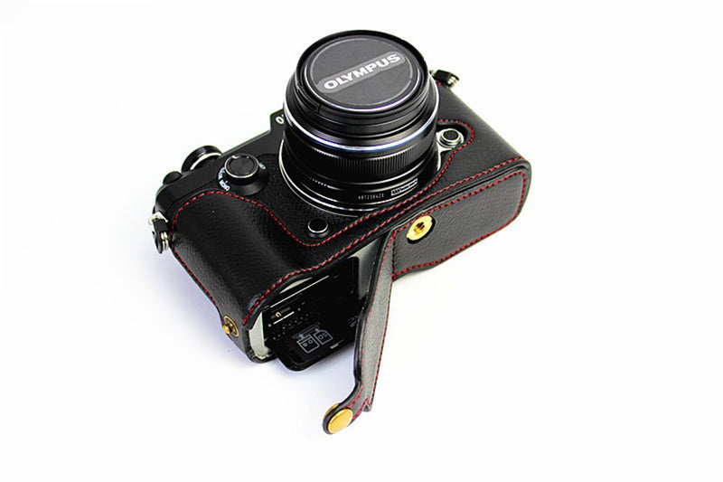 PEN-F Case, BolinUS Handmade Genuine Real Leather Half Camera Case Bag Cover for Olympus PEN-F Bottom Opening Version + Hand Strap - Black