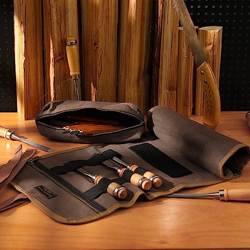 Tool Bag, Heavy Duty Waxed Canvas Wrench Tool Roll Up Pouch, Multi-Purpose Small Hand Tools Organizer Holder with 1 Small Detachable Tool pouch and 1 Zipper Pockets (Grey) Grey