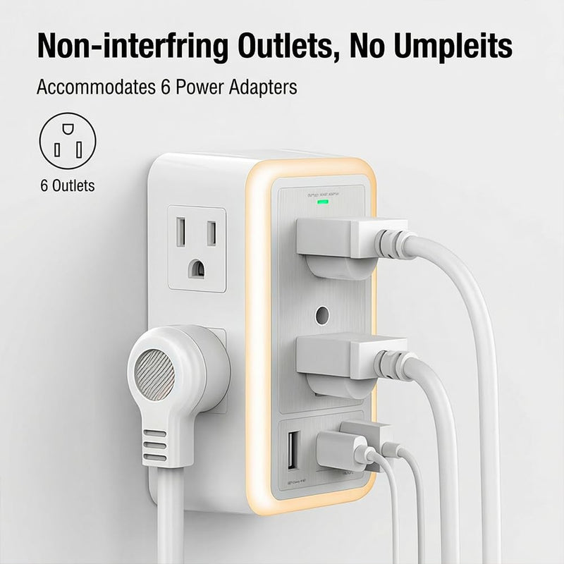 6-Outlet Surge Protector with 3 USB Ports & Night Light, 1500J Wall Outlet for Home Office