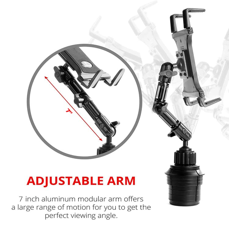 Tackform Tablet Cup Holder Mount for Car or Truck [Enduro Series ] Heavy Duty ELD Mount - Aluminum 3-Way Adjustable Arm with Universal Spring Loaded Tablet Cradle 20 Series