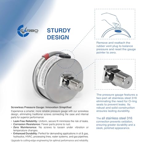 Vacuum Pressure Gauge 0 to -30 inHg, Liquid Filled, 2.5" Dial, 1/4 NPT Back Mount, 316 SS Case, 316 SS Wetted Parts, inHg/Bar - ASME B40.1 Grade A STANDARD