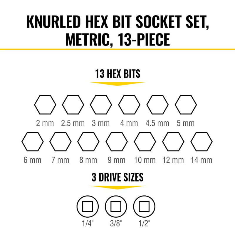 Klein Tools 65213HEXM Knurled Hex Bit Metric Socket Set, 1/4, 3/8 and 1/2-Inch Drives, Premium Cr-V Steel, Metric Sizes 2 mm to 14 mm, MODbox Case, 13-Piece