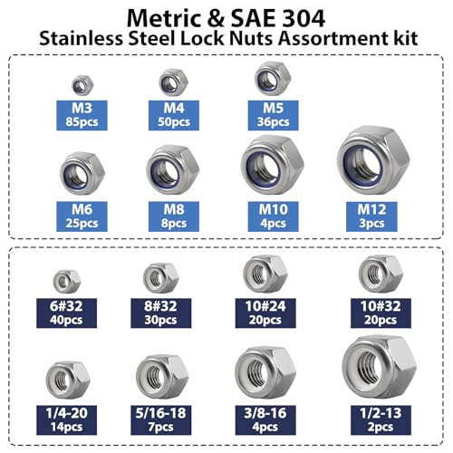 348Pcs SAE(#6-1/2) &Metric(M3-M12) Stainless Nylon Lock Nuts Assortment Kit SAE and Metric Assortment; 348pcs Silver