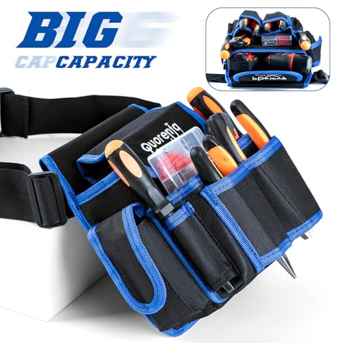 Tool Belt for Men: Electrician Tool Pouch with Adjustable Waist Strap,Tool Bag for Construction, 8 Durable Pockets, Maintenance & DIY, Fits Waist 31” to 52” (Blue, Extra Large) Blue