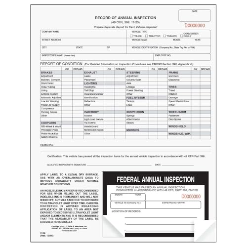 J. J. Keller Record of Annual Inspection Form and Label, 10 Pack 10-pack