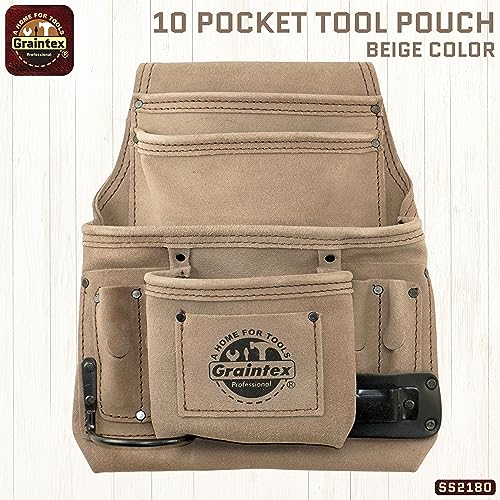 Graintex 10 Pocket Nail & Tool Pouch, Suede Leather Tool Bag, Tool Belt for Constructors, Electricians, Handymen, HVAC Tools, Professional Organizer with Adjustable Fit Beige