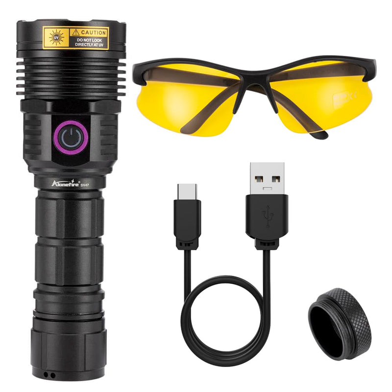 ALONEFIRE SV47 12W 365nm UV Flashlight USB C Rechargeable Long Range Black Light Pet Urine Detector for Resin Curing, Fishing, Scorpion, Minerals, Bed Bugs, Leaks with UV Protective Glasses, Battery
