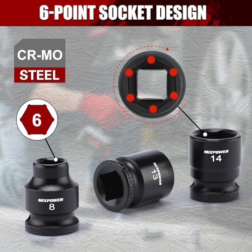 MIXPOWER 15-Piece 3/8" Drive Stubby Impact Socket,CR-MO,8-22mm,6-Point,Metric,Radius Corner Design, Axle Nut Impact Grade Socket for Easy Removal 3/8" Drive / Metric Set