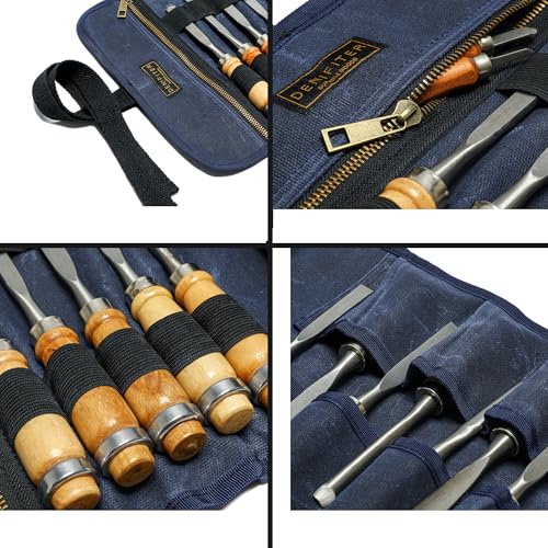 Wrench/Tool Roll (7 Slots), Waxed Canvas Roll Up Bag with 1 Small Detachable Tool pouch and 1 Zipper Pockets, Multi-Purpose Wrench Roll Organizer with 2 Wrap Straps Blue