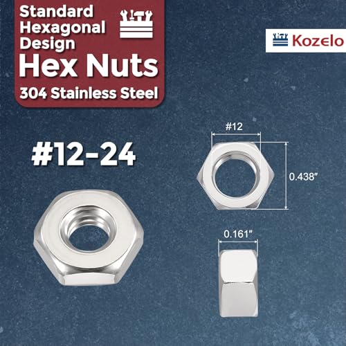 100pcs Hex Nuts - [#12-24] 304 Stainless Steel 18-8 (A2-70) Hardware Nuts for Mechanical Repair & Assembly, Standard Inch Coarse Thread Nut, Bright Finish, Silver #12-24 100