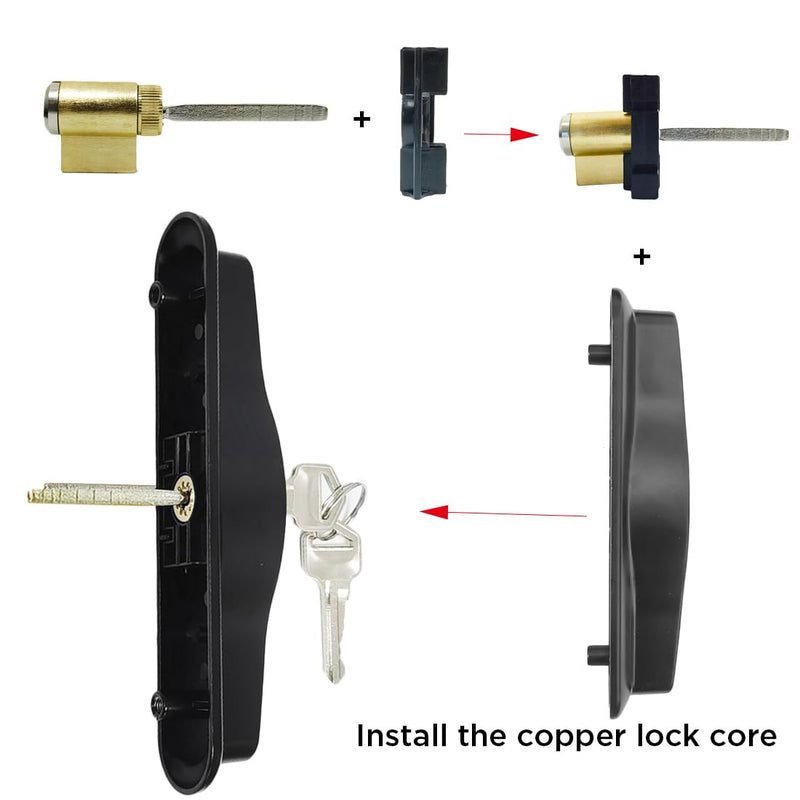 Sliding Patio Door Handle with Mortise Lock and Keys, Key Cylinder and Keeper, 4-15/16" Hole Spacing, Reversible Design(Non-Handed), 4 15/16 Glass Door Replacement Handle Lock, Need to Drill (Black) Black