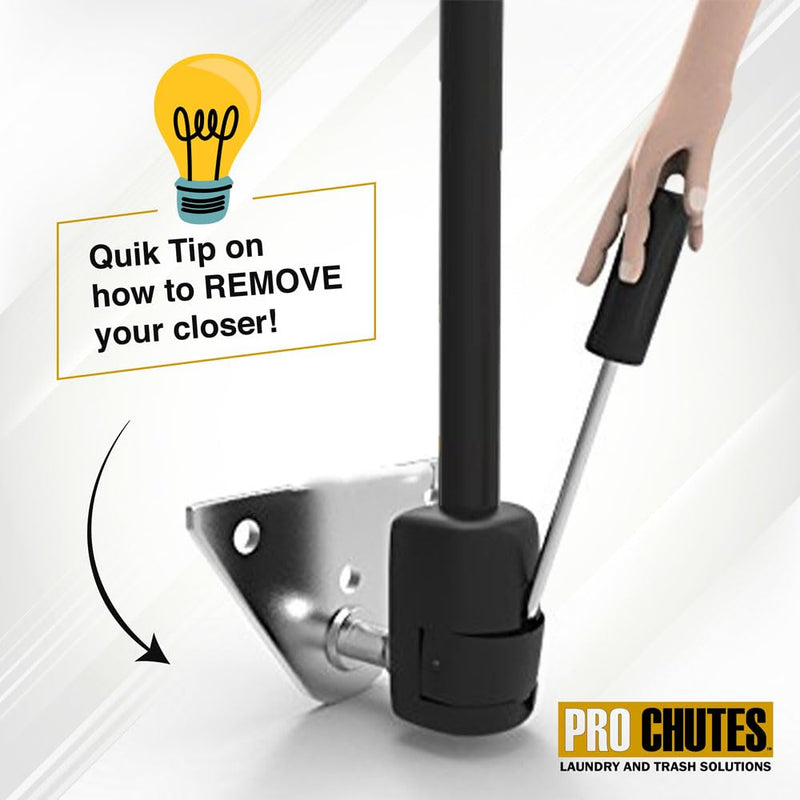 Trash Chute Hydraulic Closer Door Parts. 17 inch Extended Gas Piston Closure for Bottom hinged Garbage & Laundry Intake Doors. Hardware by Pro Chutes.