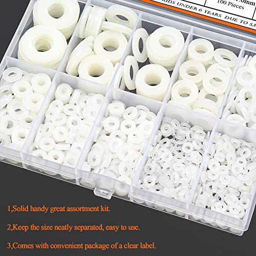 HELIFOUNER 1200 Pieces 8 Sizes White Nylon Flat Washers and Black Nylon Flat Washers Assortment Kit - M2 M2.5 M3 M4 M5 M6 M8 M10 White + Black