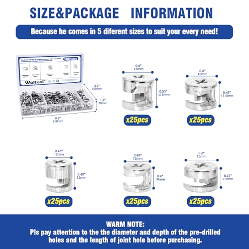 125Pcs 3 in 1 Furniture Connecting Cam Lock kit, Eccentric Wheels Bolt Fittings Fasteners Hardware Parts Nut & Bolt Assortment Set for Cabinet Drawer (15*9.5/15*11.5/15*13.5/12*10/12*12mm)